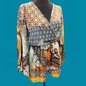 Black Bead 3/4 Bell Sleeve Buttery Satin Romper Medium